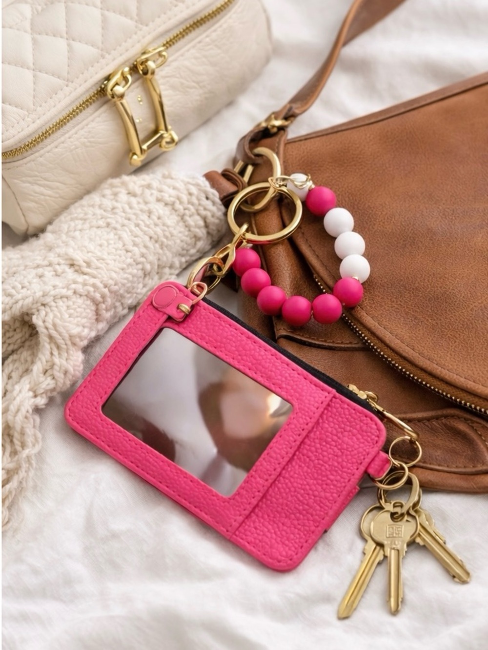 Pink Cardholder Keychain with Beaded Charm